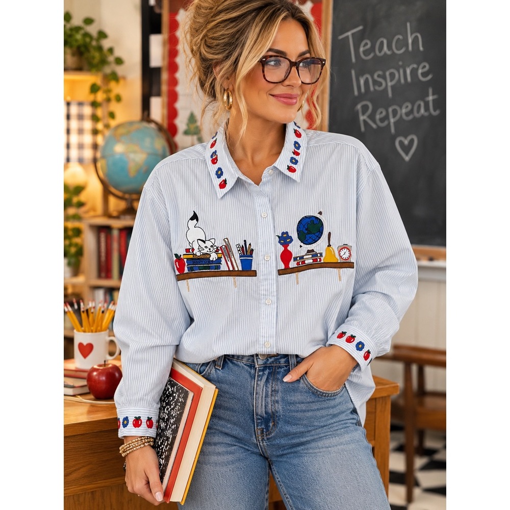 Vintage Karen Scott XL Teacher Shirt Embroidered Cat Books Globe Apple 90s